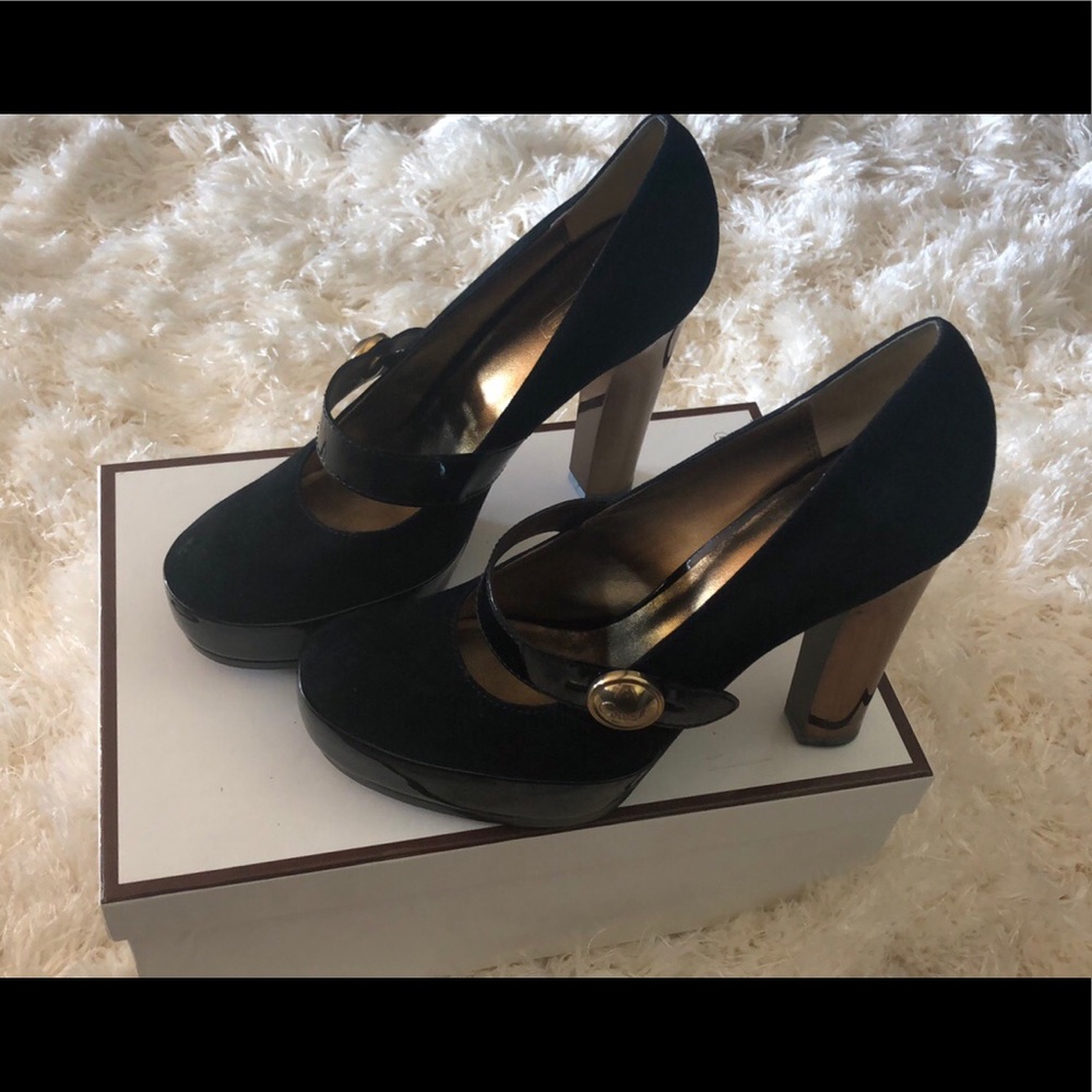 Coach suede and patent leather heels.